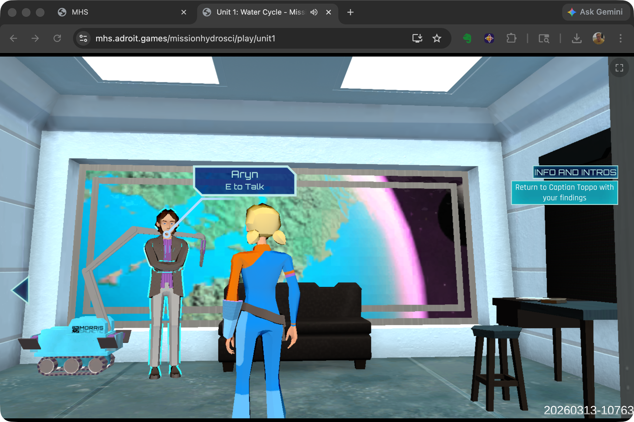 Mission HydroSci Unit 1: Water Cycle gameplay showing a 3D environment with characters.