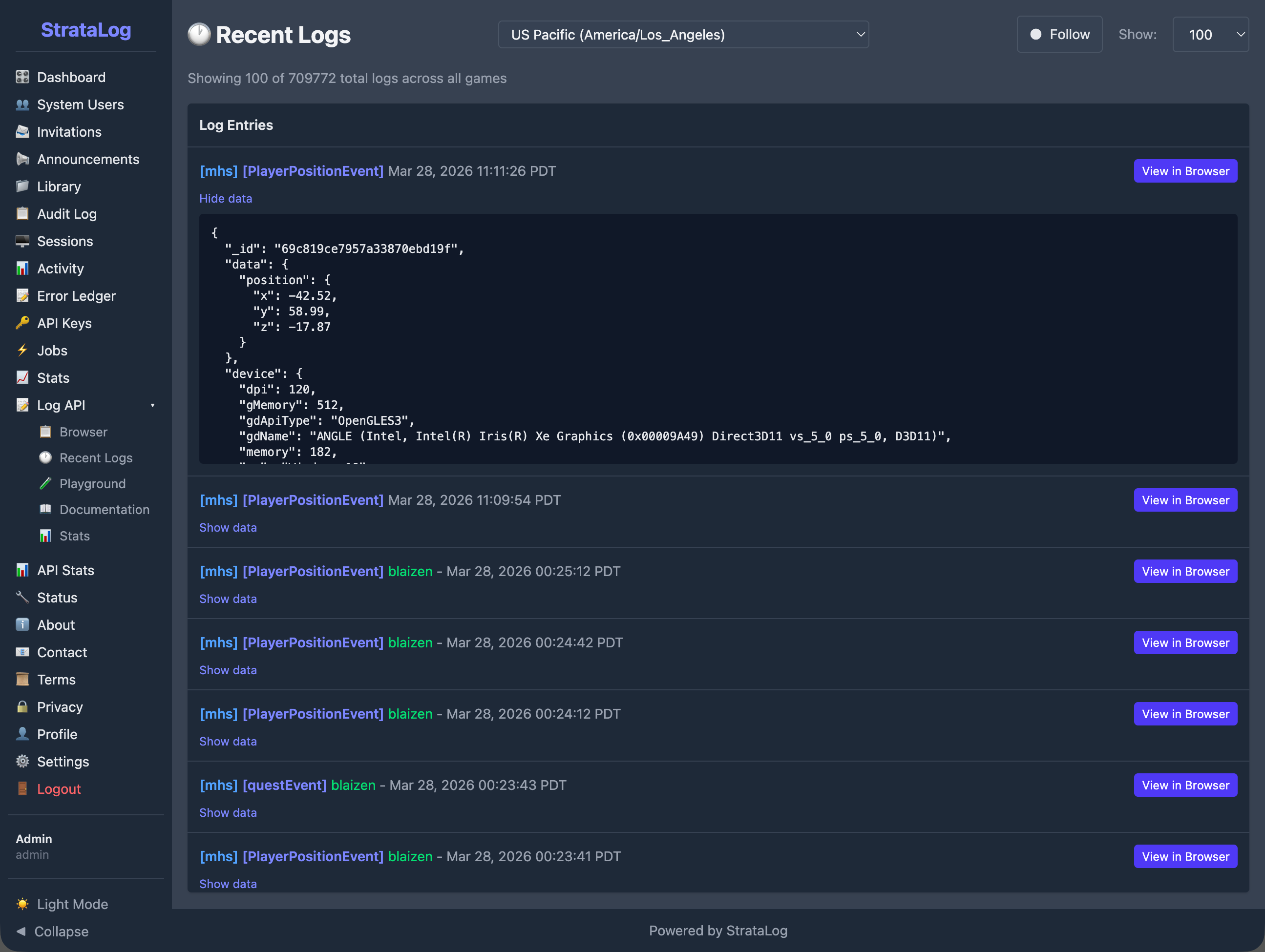 The StrataLog Recent Logs view showing live event data streaming in from Mission HydroSci with expandable JSON detail.
